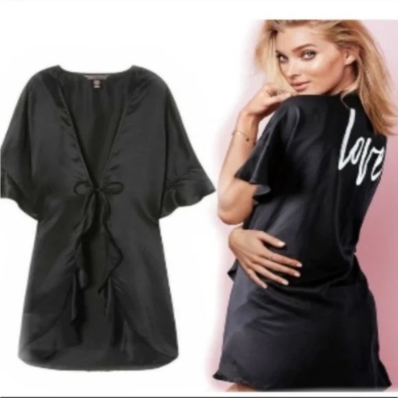 Victoria’s Secret Love Kimono Black Satin Robe - Picture 1 of 6